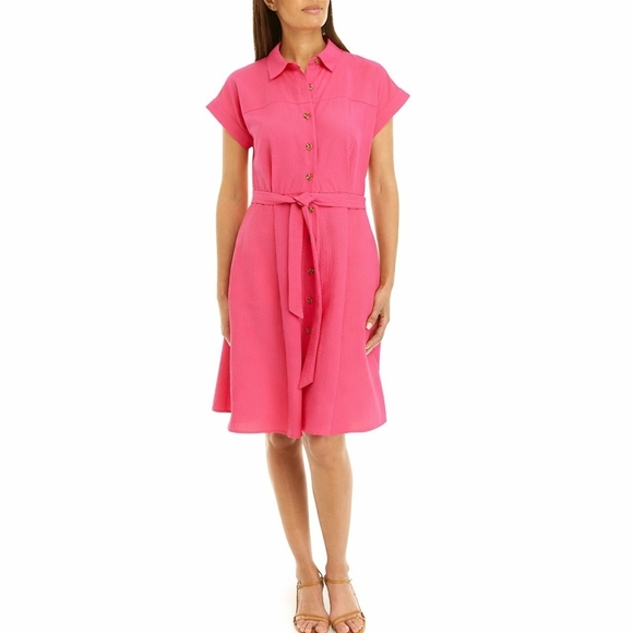 Calvin Klein Hot Pink Button-Front Fit & Flare Gauze Preppy Feminine Shirt Dress - Picture 9 of 11